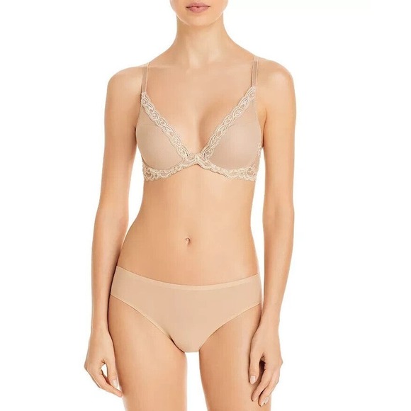 Natori Feathers Contour Lace Plunge Bra Nude Women's Size 36G - Picture 1 of 5